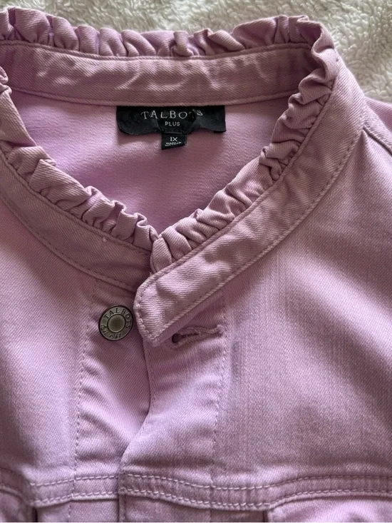 Talbots Pink Ruffle-Neck Denim Jacket - Picture 5 of 10